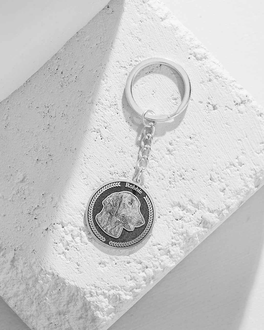 Dog memorial gifts, silver medallion dog keychain