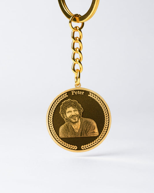 Memorial jewellery, gold medallion keychain